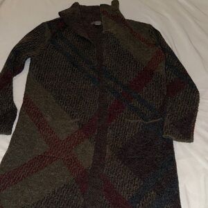 Long Open-Front Knit Coatigan in Grey, Olive with Burgundy Accents